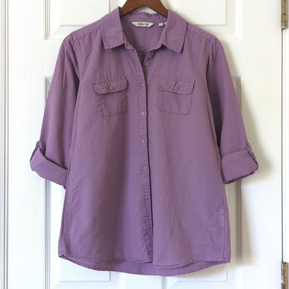 Orvis Classic Linen Blend Long Roll Tab Sleeve Button Down Shirt Purple Medium - Picture 2 of 14